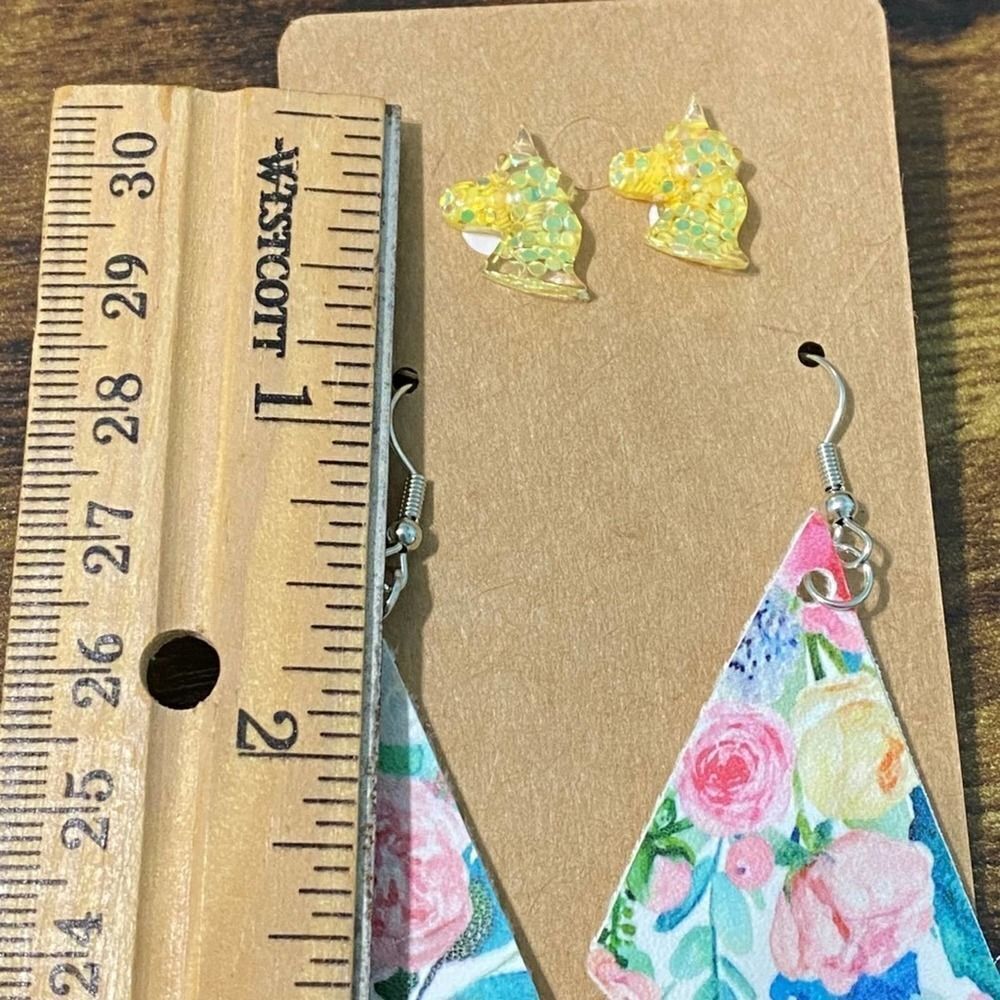 Unicorn Studs Floral Diamond Shaped Dangle Statement Earrings Set Novelty Yellow - Picture 6 of 7
